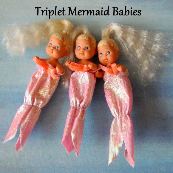 TRIPLET BABY KRISSY DOLLS w BLONDE HAIR & 3 MERMAID COSTUMES, BARBIE 1973 VINT. - Picture 1 of 6